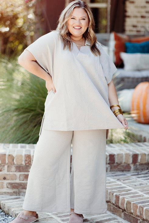 Textured Collared Top And Wide Leg Pants Loungewear