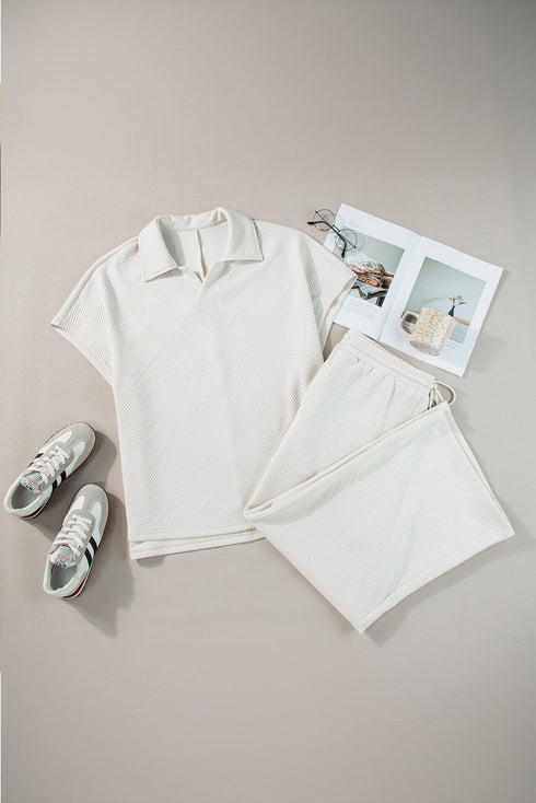 Textured Collared Top And Wide Leg Pants Loungewear