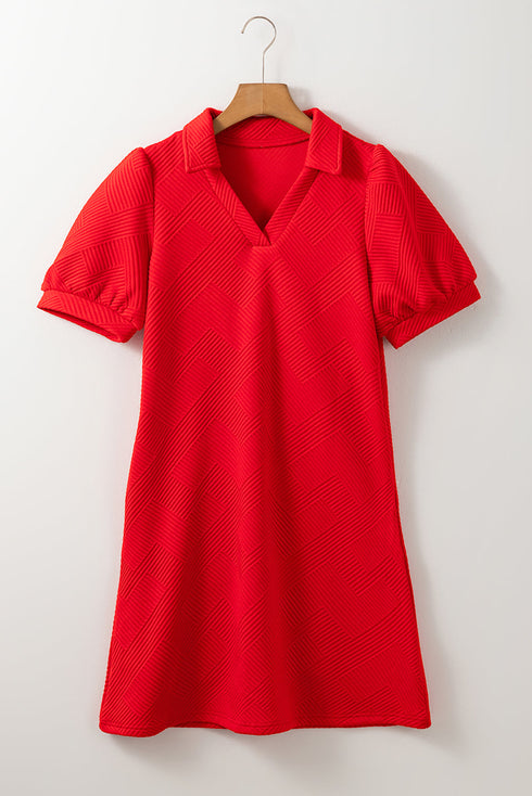 Textured Collared V Neck Puff Short Sleeve Shift Mini Dress
