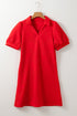 Textured Collared V Neck Puff Short Sleeve Shift Mini Dress