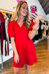 Textured Collared V Neck Puff Short Sleeve Shift Mini Dress