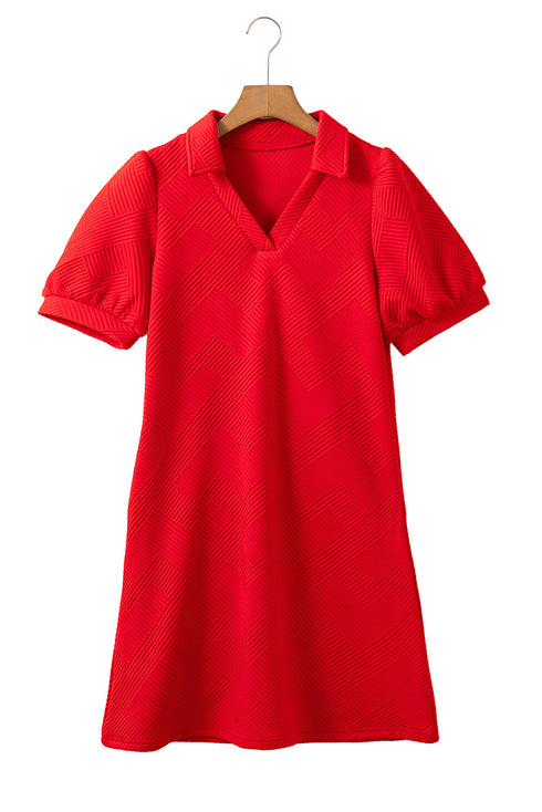 Textured Collared V Neck Puff Short Sleeve Shift Mini Dress