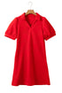 Textured Collared V Neck Puff Short Sleeve Shift Mini Dress