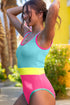 Textured Color Block Patchwork One Piece Swimsuit