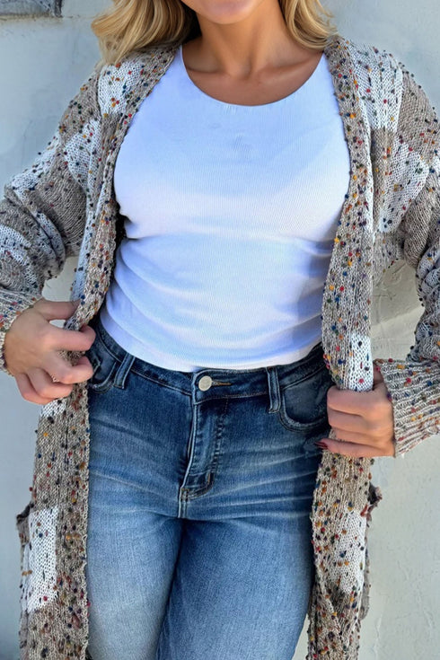 Textured Confetti Speckled Block Print Open Cardigan