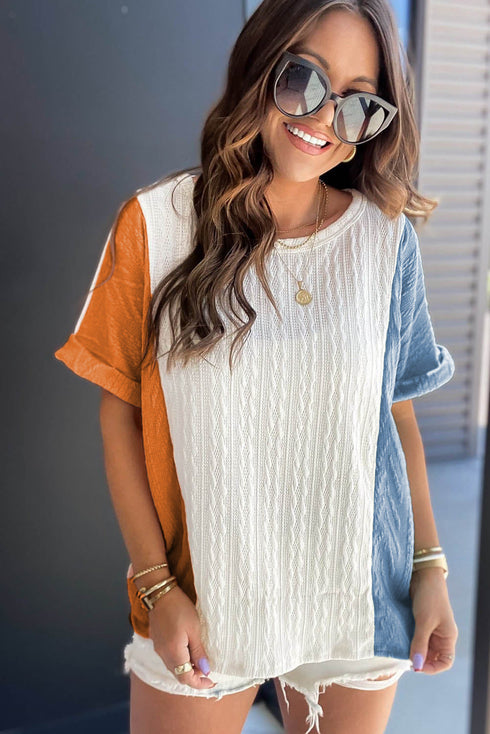 Textured Contrast Panel Loose Fit Short Sleeve Top