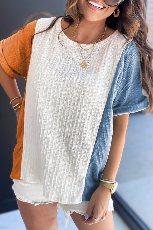 Textured Contrast Panel Loose Fit Short Sleeve Top