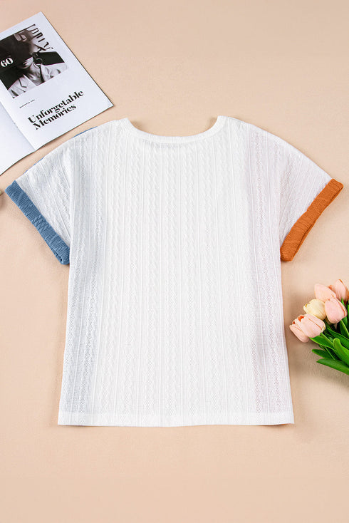 Textured Contrast Panel Loose Fit Short Sleeve Top