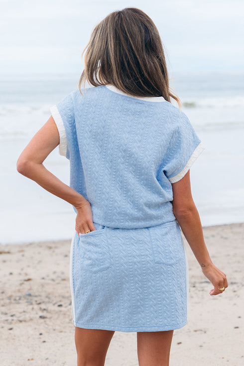 Textured Contrast Trim Crewneck Pocketed Two Piece Dress