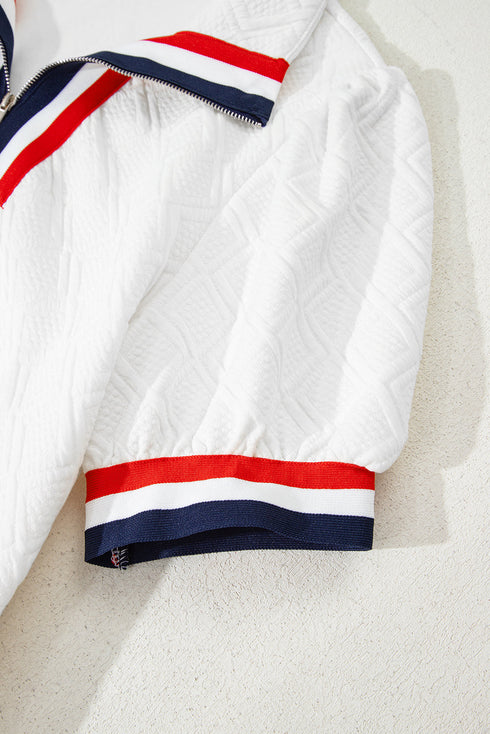 Textured Contrast Trim Puff Sleeve Quarter Zip Mini Dress