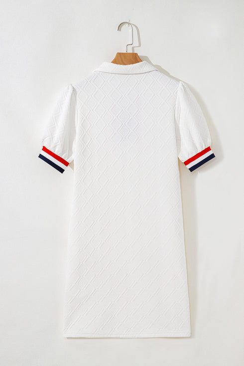 Textured Contrast Trim Puff Sleeve Quarter Zip Mini Dress