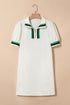 Textured Contrast Trim Puff Sleeve Quarter Zip Mini Dress