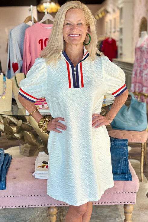 Textured Contrast Trim Puff Sleeve Quarter Zip Mini Dress