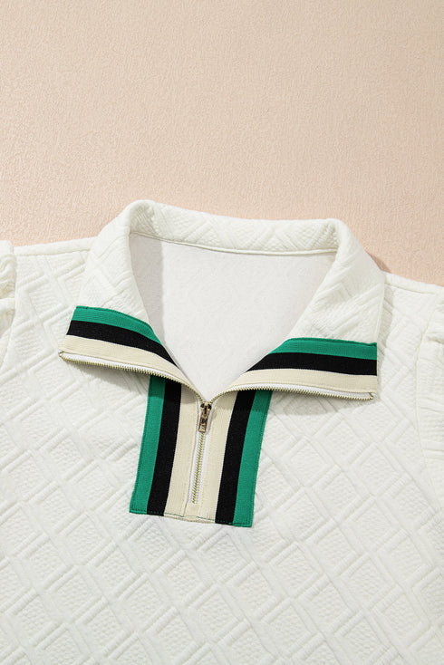 Textured Contrast Trim Puff Sleeve Quarter Zip Mini Dress