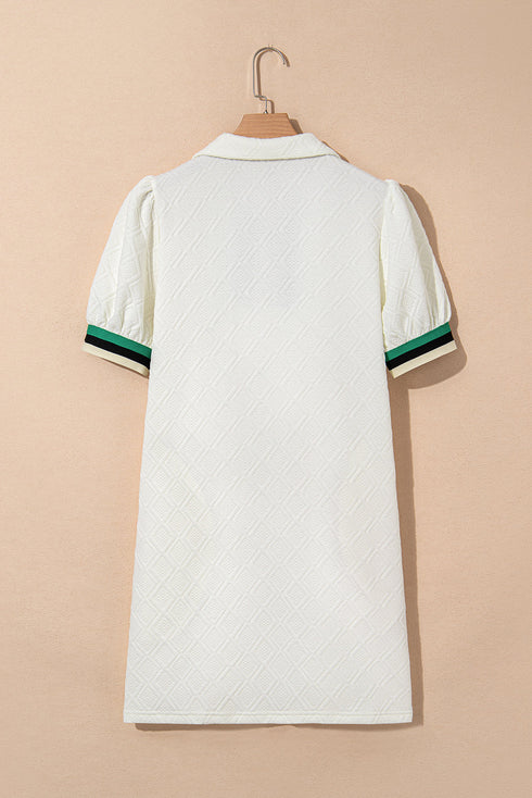 Textured Contrast Trim Puff Sleeve Quarter Zip Mini Dress