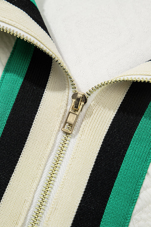 Textured Contrast Trim Puff Sleeve Quarter Zip Mini Dress