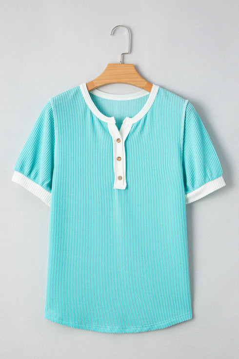Textured Corded Fabric Button Neck Short Sleeve Top