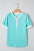 Textured Corded Fabric Button Neck Short Sleeve Top