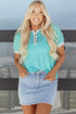 Textured Corded Fabric Button Neck Short Sleeve Top