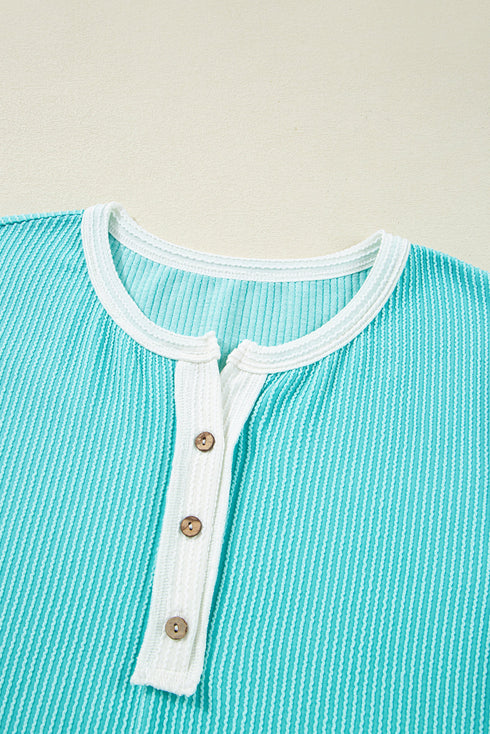 Textured Corded Fabric Button Neck Short Sleeve Top