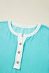 Textured Corded Fabric Button Neck Short Sleeve Top