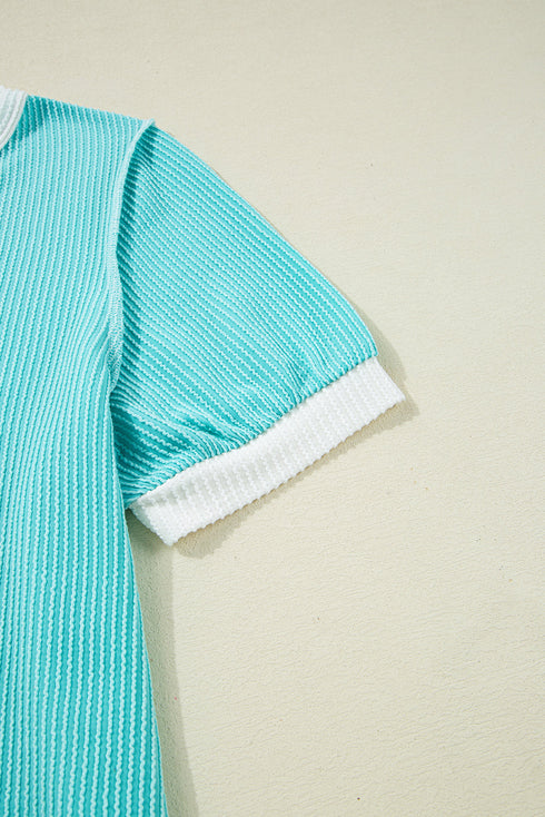 Textured Corded Fabric Button Neck Short Sleeve Top