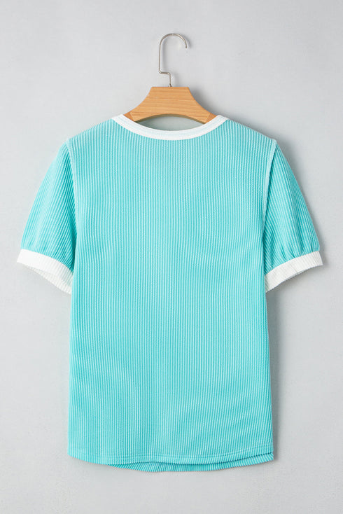 Textured Corded Fabric Button Neck Short Sleeve Top