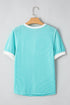 Textured Corded Fabric Button Neck Short Sleeve Top