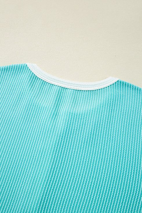 Textured Corded Fabric Button Neck Short Sleeve Top