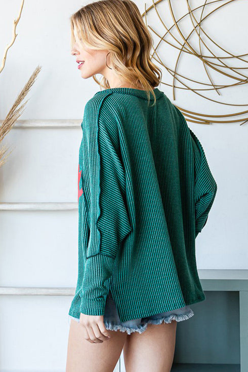 Textured Corded Knit Batwing Sleeve Graphic Pullover Top
