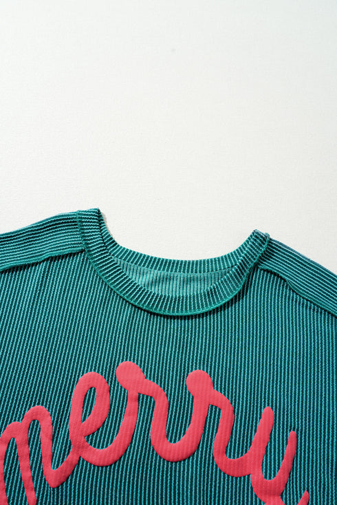 Textured Corded Knit Batwing Sleeve Graphic Pullover Top