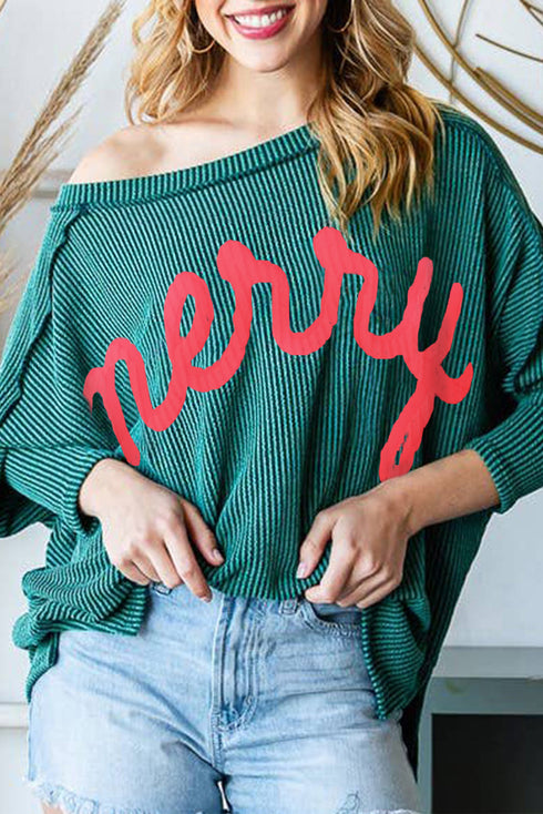 Textured Corded Knit Batwing Sleeve Graphic Pullover Top