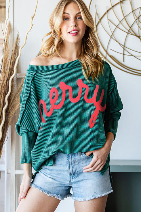 Textured Corded Knit Batwing Sleeve Graphic Pullover Top