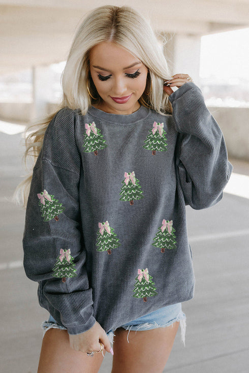 Textured Corded Knit Bow Tree Graphic Sweatshirt