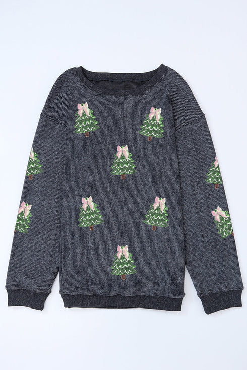 Textured Corded Knit Bow Tree Graphic Sweatshirt