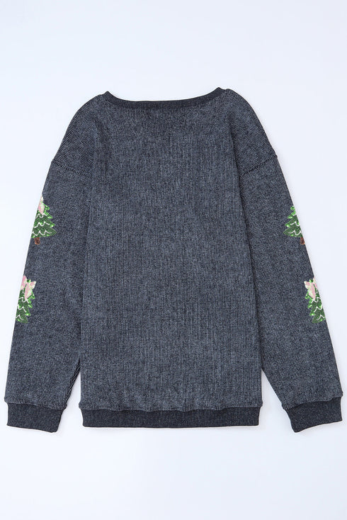 Textured Corded Knit Bow Tree Graphic Sweatshirt