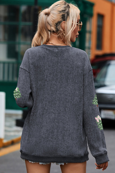 Textured Corded Knit Bow Tree Graphic Sweatshirt