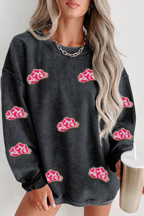 Textured Corded Knit Graphic Patch Crew Neck Sweatshirt