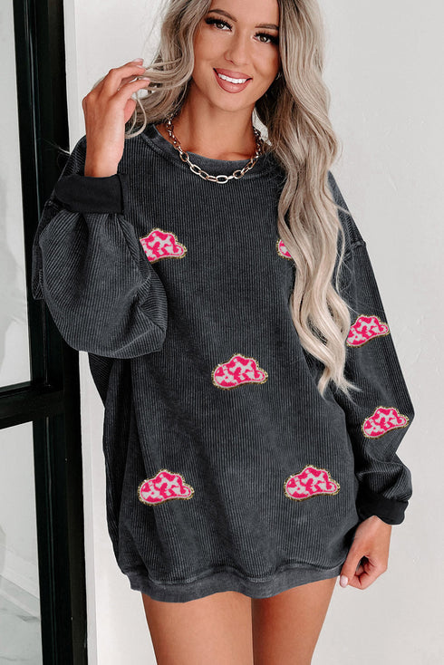 Textured Corded Knit Graphic Patch Crew Neck Sweatshirt