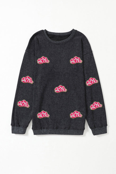 Textured Corded Knit Graphic Patch Crew Neck Sweatshirt