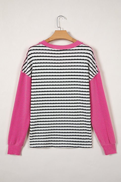 Textured Corded Knit Patchwork V Neck Top