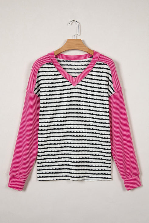 Textured Corded Knit Patchwork V Neck Top