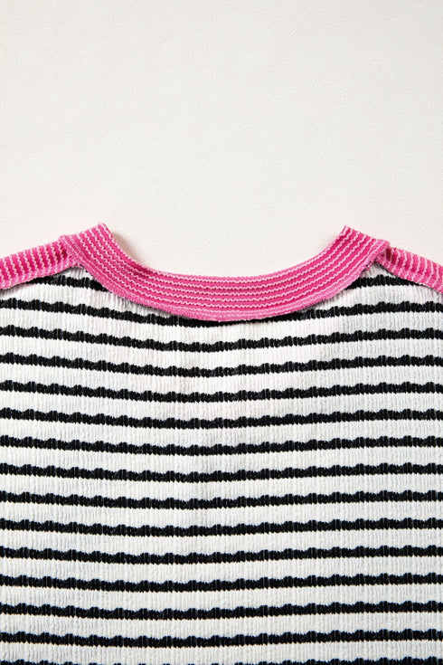 Textured Corded Knit Patchwork V Neck Top