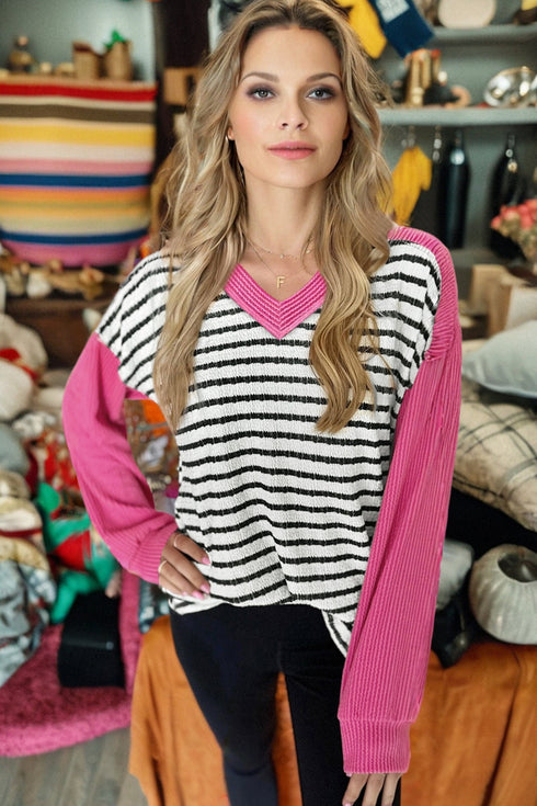 Textured Corded Knit Patchwork V Neck Top