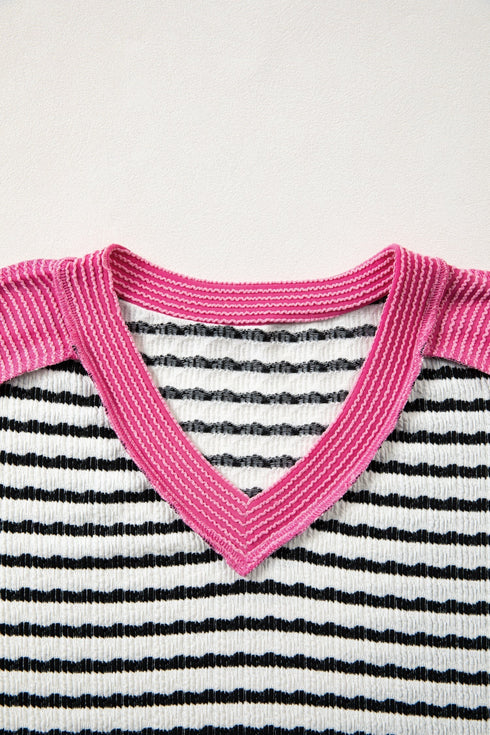 Textured Corded Knit Patchwork V Neck Top