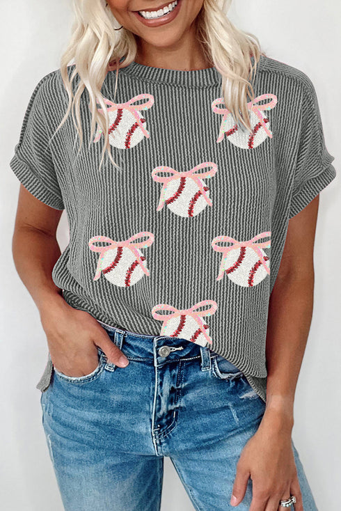 Textured Corded Knit Sequin Bow Baseball Graphic T Shirt