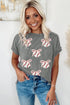 Textured Corded Knit Sequin Bow Baseball Graphic T Shirt