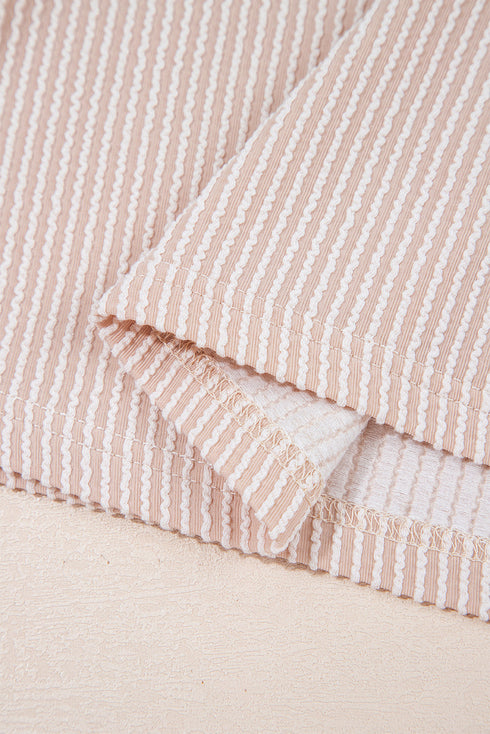 Textured Corded Knit Top Leopard Print Accent Ruffle Sleeves