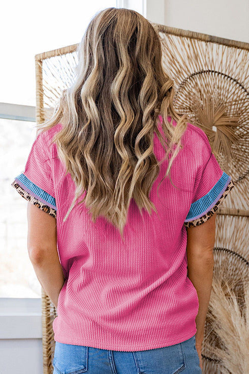 Textured Corded Knit Top Leopard Print Accent Ruffle Sleeves