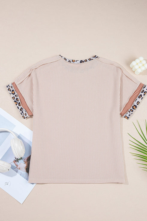 Textured Corded Knit Top Leopard Print Accent Ruffle Sleeves